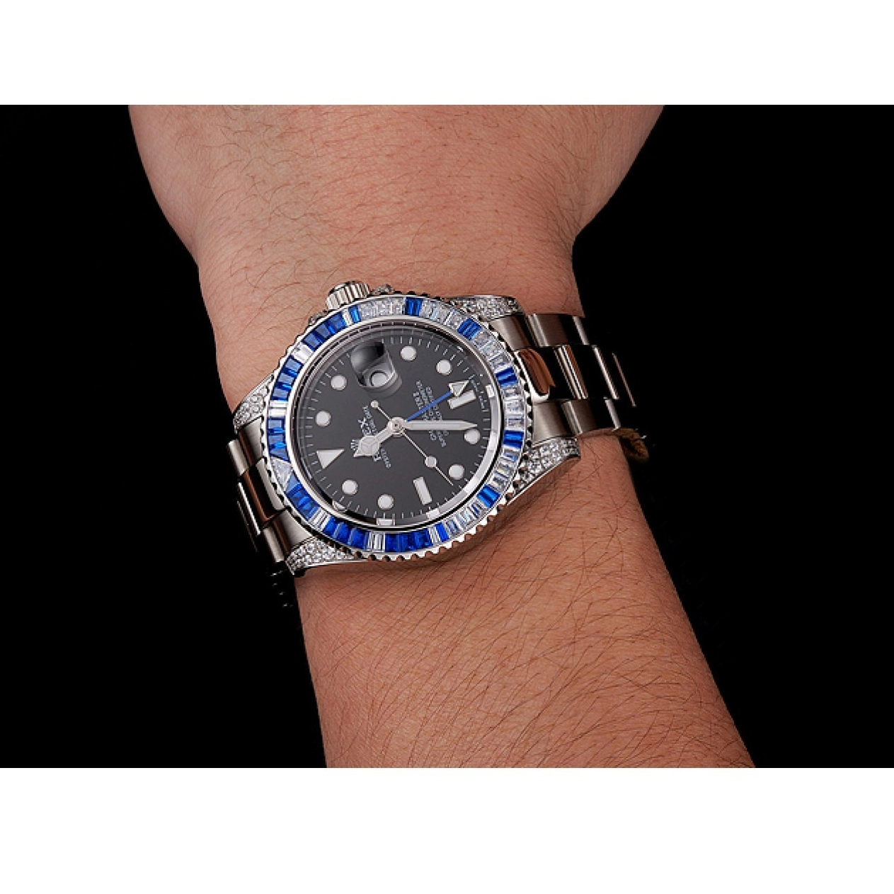 AAA Replica Watches Stainless Dial Case Bracelet Master II Black And Set Swiss Bezel GMT Stone Steel Rolex 1453747 0805